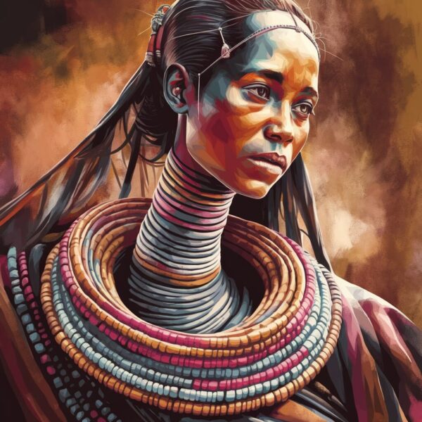 This artwork captures the beauty of a Turkana woman ardoned in traditional jewellery