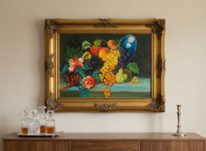 Vintage Fruit Bowl & Flowers Still Life With Museum-grade Frame