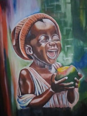 A Vibrant Painting of a Young Child Holding a Mango